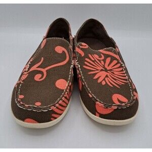Olukai Nohea Canvas Print Tropical Slip on Loafer Brown Pink Women's Size 7